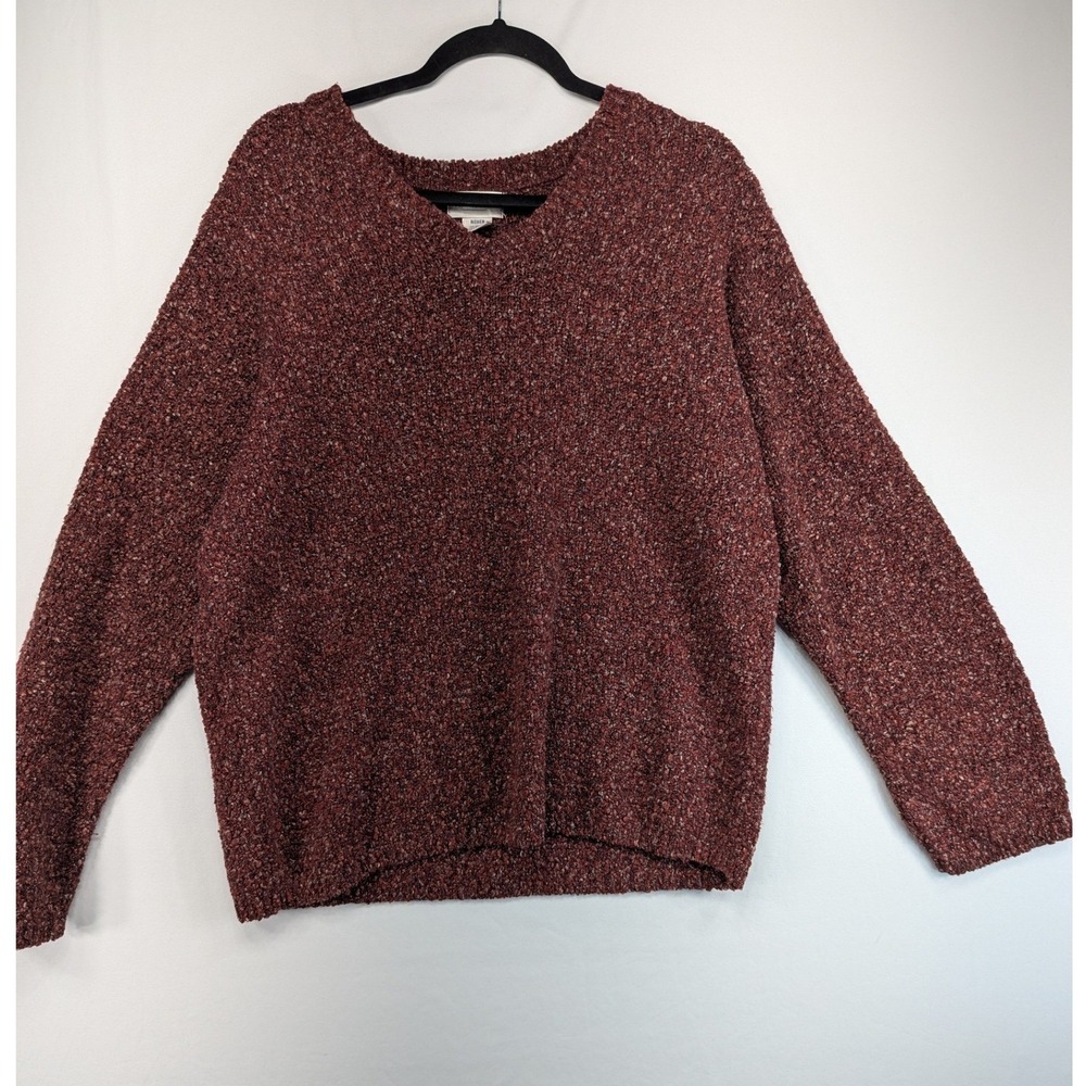 Van Heusen Women Burgundy Marl Boucle V-Neck Sweater Size L Made in USA Pullover